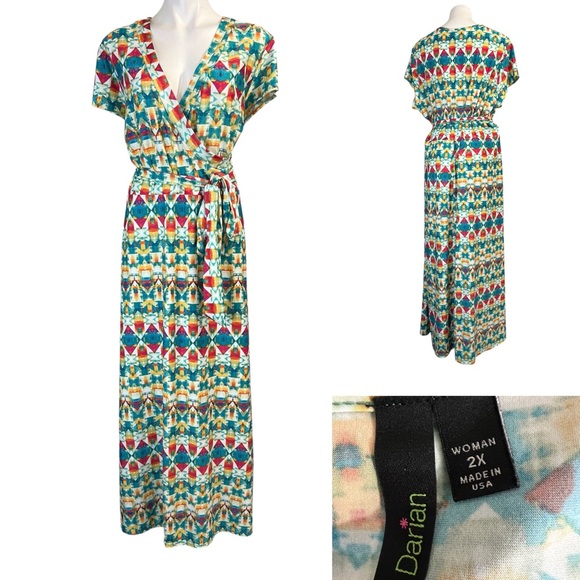 Darian Maxi Dress plus size 2x blue orange multicolor short sleeve tie-waist - Picture 1 of 7